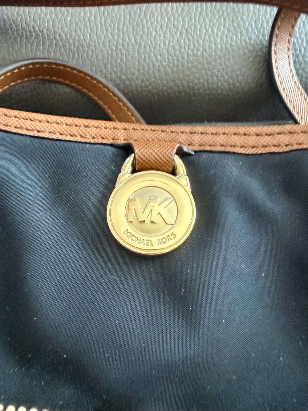 Michael Kors Black Tote with Brown Leather Trim and Gold Hardware